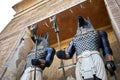Egyptioan guard statues holding staffs at Universal Studios Singapore Royalty Free Stock Photo