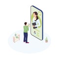 Ehealth smartphone app isometric illustration. Male patient communicating with personal medical specialist cartoon character.