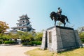 Imabari Castle and Todo Takatora statue in Ehime, Shikoku, Japan