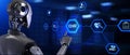 EHR EMR Electronic medical health record RPA automation. Robot pressing button on screen 3d render.