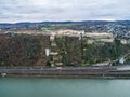 Ehrenbreitstein Fortress aerial panoramic view in Koblenz. Koblenz is city on Rhine, joined by Moselle river Royalty Free Stock Photo