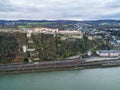 Ehrenbreitstein Fortress aerial panoramic view in Koblenz. Koblenz is city on Rhine, joined by Moselle river Royalty Free Stock Photo