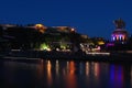 Ehrenbreitstein Fortress lit up at night in Koblenz, Germany