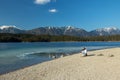 Eibsee, Germany, March 31, 2019: tourists enjoying the beautiful weather at eibsee near grainau