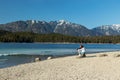 Eibsee, Germany, March 31, 2019: tourists enjoying the beautiful weather at eibsee near grainau