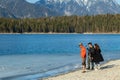 Eibsee, Germany, March 31, 2019: tourists enjoying the beautiful weather at eibsee near grainau