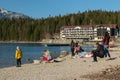 Eibsee, Germany, March 31, 2019: tourists enjoying the beautiful weather at eibsee near grainau