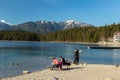 Eibsee, Germany, March 31, 2019: tourists taking selfie on them self while enjoying holidays at eibsee