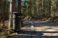 Eibsee, Germany, March 31, 2019: trash can next to the seeweg loop track. The trash cans are spread all over the place to keep it