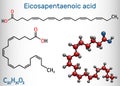 Eicosapentaenoic acid, EPA, icosapentaenoic acid, icosapent molecule. Structural chemical formula, molecule model. Royalty Free Stock Photo