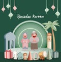 Happy Eid Mubarak. Cute Boy and Girl for Greetings Marhaban Ya Ramadan Vector Illustration