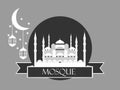 Eid al adha, blue mosque, minaret, lantern and moon, muslim holiday lights on a white background. Royalty Free Stock Photo