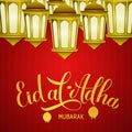 Eid al-Adha calligraphy lettering and lanterns on red Arabic pattern background. Kurban Bayrami typography poster. Islamic Royalty Free Stock Photo