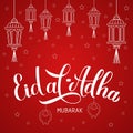 Eid al-Adha calligraphy lettering with paper lanterns on red background. Kurban Bayrami typography poster. Islamic traditional Royalty Free Stock Photo