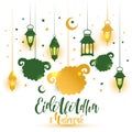 Eid Al Adha Calligraphy Text with sheep illustration for eid Mubarak Celebration Background.