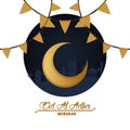 Eid al adha celebration card with moon and garlands