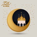 Eid al adha celebration card with moon and mosque cupule