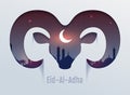 Eid al Adha Feast of Sacrifice. Head of ram silhouette, minaret and moon in night sky