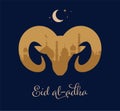 Eid Al Adha festival. Greeting card with sacrificial sheep and crescent on cloudy night background. Eid Mubarak theme