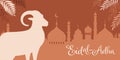 Eid Al Adha festival. Greeting card with sacrificial sheep and crescent on cloudy night background. Eid Mubarak theme
