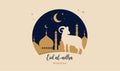 Eid Al Adha festival. Greeting card with sacrificial sheep and crescent on cloudy night background. Eid Mubarak theme