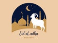 Eid Al Adha festival. Greeting card with sacrificial sheep and crescent on cloudy night background. Eid Mubarak theme