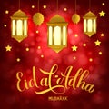 Eid al-Adha gold lettering lanterns on red background. Kurban Bayrami Muslim holiday typography poster. Islamic traditional Royalty Free Stock Photo
