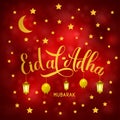 Eid al-Adha golden lettering lanterns on red background. Kurban Bayrami Muslim holiday typography poster. Islamic traditional Royalty Free Stock Photo