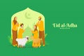 Eid al Adha greeting card. cartoon muslim family celebrating Eid al Adha