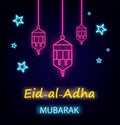 Eid al-Adha greeting card with line lanterns and stars, neon effect.