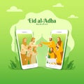 Eid al adha greeting card. muslim family sharing the meat of sacrificial animal