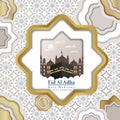 Eid Al Adha Illustration Background of Kaaba and Mosque Scenery with Islamic Pattern