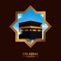 Eid Al Adha islamic festival event. Hajj Mabrour. 3D kaaba on the cloud with blue sky background with star golden frame window