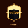 Eid Al Adha islamic festival event. Hajj Mabrour. 3D kaaba on the cloud with star golden frame window