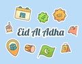 Eid al adha lettering around set icons package of eid al adha blue isolated background with modern flat cartoon style