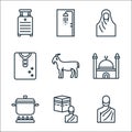 Eid al adha line icons. linear set. quality vector line set such as man, hajj, cooking, mosque, goat, clothes, woman, shower Royalty Free Stock Photo