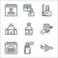 eid al adha line icons. linear set. quality vector line set such as plane, arab man, calendar, almsgiving, zam zam, tent, butcher Royalty Free Stock Photo