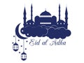 Eid al adha. Mosque in the clouds on white background. Blue mosque, minaret, lantern and moon. Royalty Free Stock Photo