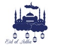 Eid al adha. Mosque in the clouds on white background. Blue mosque, minaret, lantern and moon.