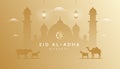 Eid al adha mubarak background, banner, greeting design with gradient gold color theme. Silhouette mosque lamb, goat and camel