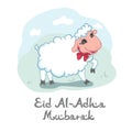 Eid Al-Adha Mubarak card design with cute little woolly white sacrificial lamb