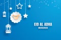 Eid Al Adha Mubarak celebration card with paper art sheep hanging on blue background. Use for banner, poster, flyer, brochure sal Royalty Free Stock Photo