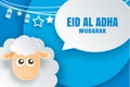 Eid Al Adha Mubarak celebration card with sheep and bubble speech in paper art blue background. Use for banner, poster, flyer, br Royalty Free Stock Photo