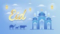 Eid al adha mubarak the celebration of muslim community festival background, banner, greeting design with gradient blue and gold Royalty Free Stock Photo