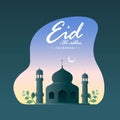 Eid-Al-Adha Mubarak Concept with Mosque Illustration, Crescent Moon, Leaves on Abstract