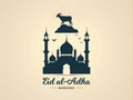 Eid Al Adha Mubarak flat illustration for greeting banner design. Islamic background with goat, mosque and text. Eid Mubarak, Royalty Free Stock Photo