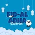 Eid-Al-Adha Mubarak Font With Cartoon Sheep, Paper Cut Lanterns, Stars Hang And Clouds On Blue Background