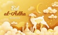 Eid Al Adha Mubarak gold greeting banner design. Islamic background with goat, mosque, moon and text. Eid Mubarak, arabic Royalty Free Stock Photo