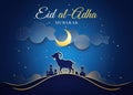 Eid Al Adha Mubarak greeting banner design. Islamic background with goat silhouette, mosque, moon and text. Eid Mubarak, arabic Royalty Free Stock Photo