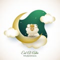 Eid Al Adha Mubarak Greeting Card with Golden Crescent Moon, Cartoon Sheep, Stars, Clouds Decorated on Abstract Green Royalty Free Stock Photo